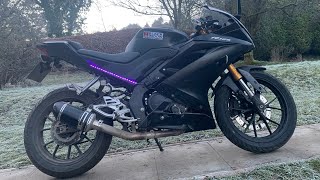 Yamaha YZFR125 Full Black Widow Exhaust Sound DeCat 2020 [upl. by Frederigo]