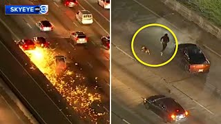 FULL Dodge Charger 100mph police chase Dog runs with suspect after I45 Gulf Freeway fiery crash [upl. by Ttcos]