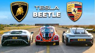 911 GT3 RS v Lambo V12 vs Tesla Beetle DRAG RACE [upl. by Deeas42]