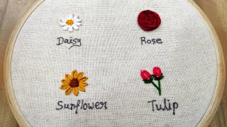 4 type of flowers embroidery  Basic embroidery stitches for beginners  Embroidery for beginners [upl. by Ameekahs]