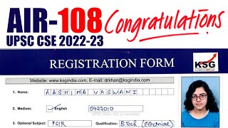 AASHIMA VASWANI  AIR 108  UPSC CSE 202223  UPSC TOPPER  KSG INDIA [upl. by Ilse]