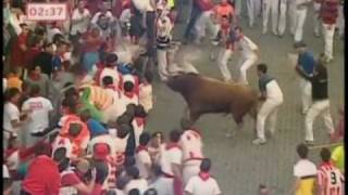 Bull Attacks Crowd During Run [upl. by Ellerrehc353]