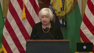 20241022 Treasury seal falls during Janet Yellen remarks [upl. by Aihsila84]