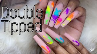 How to Extra Long Square Nails  Easy Neon Paint Splatter Nail Art  Tutorial [upl. by Wymore]