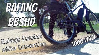 eBike Life Bafang BBSHD 1000w middrive motor 48v 40mph Raleigh comfort commuter ebike conversion [upl. by Adahs]