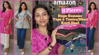 Amazon Tunics amp Tops Haul  Summer Short Kurtis  KaftanChikankariAline Short Kurti  Tryon 2023 [upl. by Ecinnej]