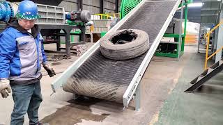 Rubber Tires Shredding Machine  Waste Tyre Recycling Plant [upl. by Ahsinuq]