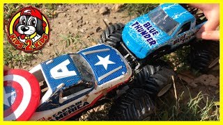 Hot Wheels Monster Jam Toy Trucks Playing amp Racing  Blue Thunder amp Captain America Play at the Park [upl. by Aig412]