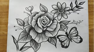 how to draw flowers amp butterfly with pencil sketchrose flower drawingbutterfly drawing [upl. by Neu]