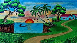 scenery drawing easy and beautiful crayons tutorial [upl. by Ameerak282]