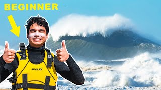 Beginner Surfs WORLDS LARGEST WAVE Nazaré Portugal [upl. by Aicilra]