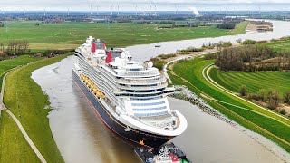 Ship Launch in 8K HDR Float Out and transfer on a narrow river  Cruise Ship Disney Wish [upl. by Ocirred287]