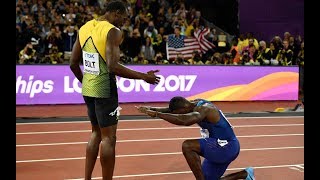 Usain Bolt beaten by American duo Justin Gatlin and Christian Coleman  IAAF Mens 100M FINAL 2017 [upl. by Hekking]