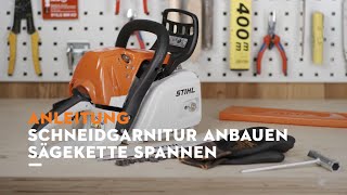 STIHL Motorsäge MS 251 Schiene und Kette montieren Sägekette spannen [upl. by Yrkcaz]