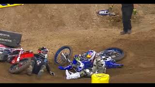 Ken Roczen Crashes into Cooper Webb San Diego Monster Energy Supercross 2018 [upl. by Ayanahs387]