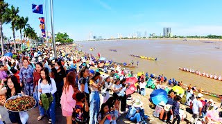 Happy Water Festival 2023 Cambodia Boat Racing Bon Om Touk Street Food Riverside Tour Phnom Penh [upl. by Novyert]