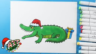 How to Draw a Christmas Crocodile 🎄🐊🎅 [upl. by Hultgren267]