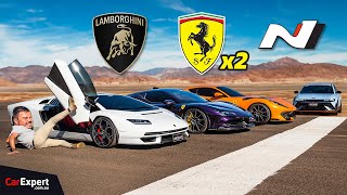 RARE 5m Lamborghini vs insane V8 Ferrari amp…Hyundai EV drag race [upl. by Lindsy]