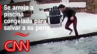 Mujer se arroja a piscina congelada para rescatar a su perro atrapado bajo una capa de hielo [upl. by Kruter128]