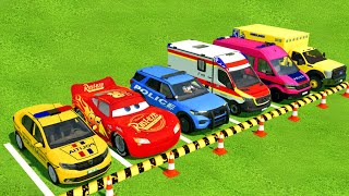 DACIA MCQUEEN CAR FORD POLICE CARS AMBULANCE EMERGENCY TRANSPORTING WITH TRUCKS  FS22 [upl. by Doralynn562]