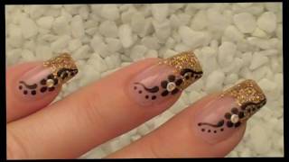 NailArt Design Tutorial  gold glitzer  schwarz  weiss  flower [upl. by Wedurn]