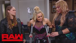 Nia Jax and Ronda Rousey check on Natalya in the trainers room Raw June 4 2018 [upl. by Aymik]