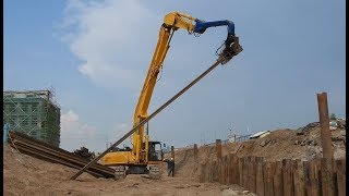 Long Boom Excavator Vibratory Hammer Sheet Pile Installation Full videos detail [upl. by Formica]