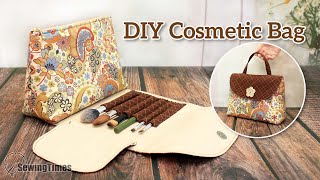 DIY Cosmetic Bag with Brush Holder  How to make a Travel Makeup Bag sewingtimes [upl. by Aynatal]