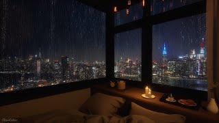 Cozy Bedroom With A Night View Of New York In Heavy Rain  Rain Sounds Rain On Window [upl. by Atikir70]