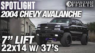 Halloween Edition Spotlight  2004 Chevy Avalanche 1500 7” lift 22x14 76’s and 37s [upl. by Dede]