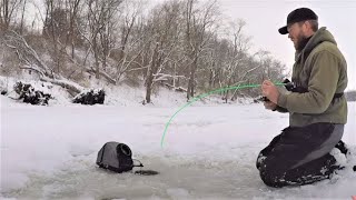 Backwater Crappies on the Mississippi River  Catching Crappies Right Under the Ice [upl. by Gnak]