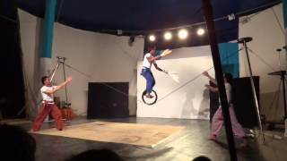 Battambang Circus unicycle on tight rope while juggling act [upl. by Nehgem]