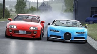 Drag Factory Toyota Supra TRD 2JZ GTE MKIV Single Turbo vs Bugatti Chiron at Old SPA [upl. by Nediarb]