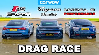 Audi RS etron GT v Porsche Taycan v Tesla Model S DRAG RACE [upl. by Gil31]