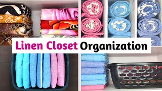 Linen Closet Organization  Bedsheets Blankets Towel and Curtains Storage Ideas  Simply Organized [upl. by Eniffit]