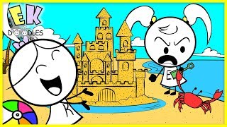 Kids Family Fun Day at the Beach building Sand Castles  EK doodles Animation [upl. by Ailemak]