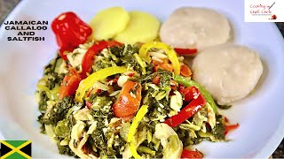 HOW TO COOK CALLALOO AND SALTFISH JAMAICAN STYLE RECIPE 2020  WITH BOIL DUMPLINGS AND YELLOW YAM [upl. by Alf872]