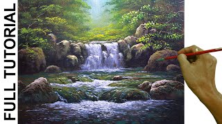 Acrylic Landscape Painting TUTORIAL  Waterfalls and Rushing River in the Forest  JMLisondra [upl. by Ryder]