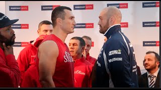 WLADIMIR KLITSCHKO v TYSON FURY  FULL INTENSE WEIGH IN VIDEO FROM GERMANY [upl. by Htesil]