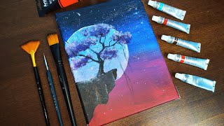 Cómo Pintar un Paisaje de Bosque y Luna  Técnicas de Pintura Acrílica Fácil [upl. by Adnaval225]