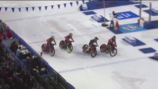 Motorcycles race on ice in Everett [upl. by Nevyar]