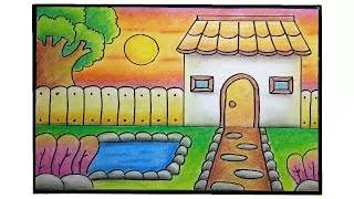 Cara menggambar pemandangan rumah mudah dan bagushow to draw easy scenery [upl. by Ermey]