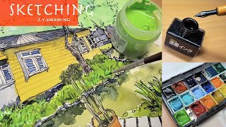 Easy Sketch and Simple Watercolor Painting 【Yangming Historical Buildings 1950 】 [upl. by Pammi]