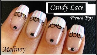 CANDY LACE FRENCH TIP NAIL ART DESIGN  NAIL TUTORIAL MANICURE FOR BEGINNERS HOME MADE EASY [upl. by Baxter511]