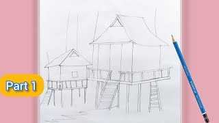 stilt house pencil Drawing  part 1 [upl. by Lyrak]