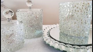 INEXPENSIVE DIY  TURNING UPCYCLED CANDLE HOLDERS INTO BLING AND GLAM MAKE UP CONTAINERS [upl. by Aret324]