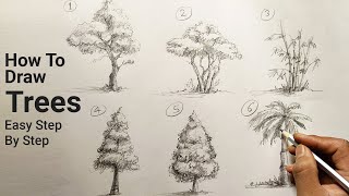 How to Draw Trees  Easy Step By Step  Different type of trees  Art Drawing Tutorials [upl. by Oam]