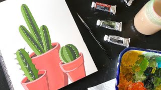 Gouache Painting Three Potted Cacti  Satisfying Art [upl. by Ecinna]