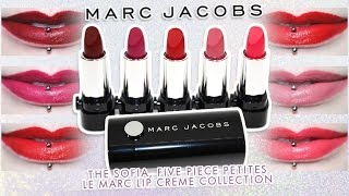 Review amp Swatches MARC JACOBS The Sofia Five Piece Petites Le Marc Lip Crème Collection  Dupes [upl. by Tapes72]