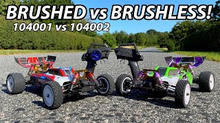 Brushless vs Brushed WLToys 104002 vs WLToys 104001 110 4WD High Speed RC Cars [upl. by Aloibaf]